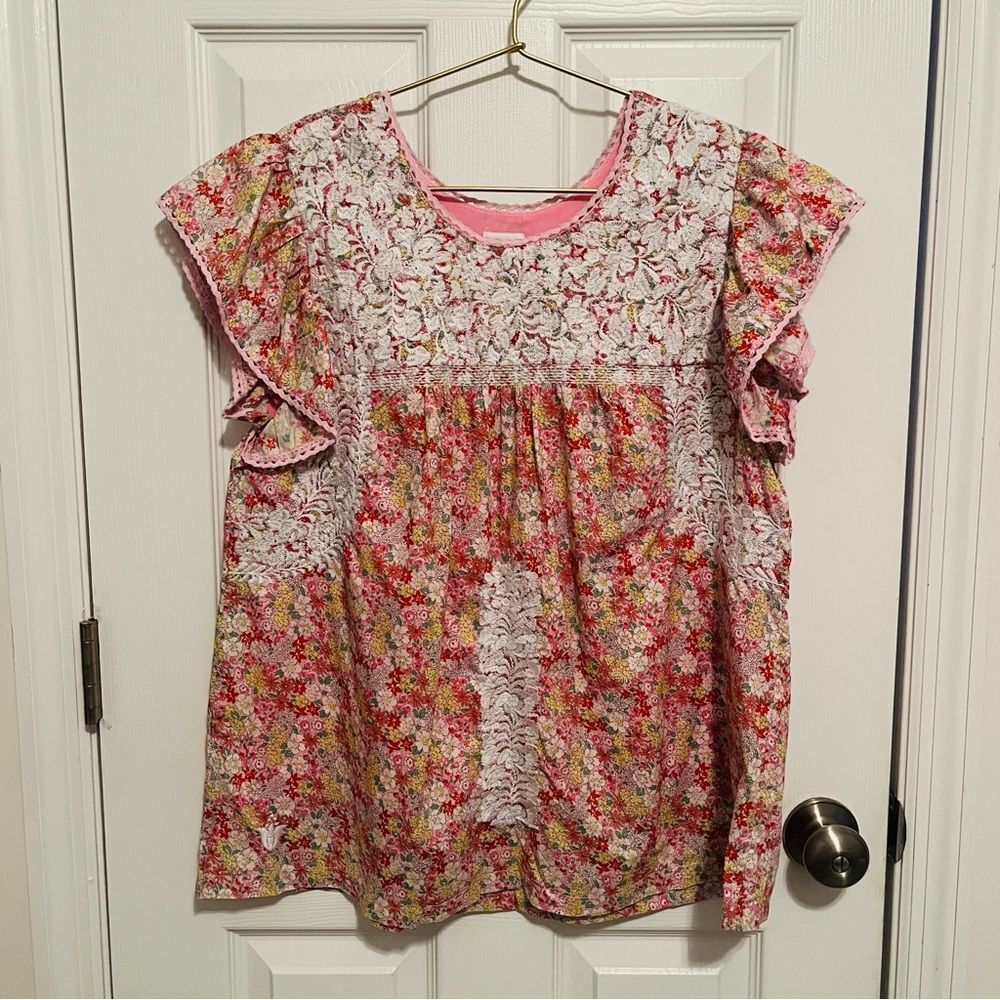 J. Marie Pink Floral Lace Embroidered Flutter Sleeve Blouse Size L - Picture 3 of 11